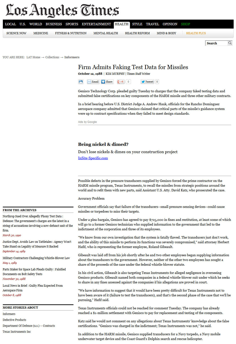 Firm Admits Faking Test Data for Missiles - Los Angeles Times